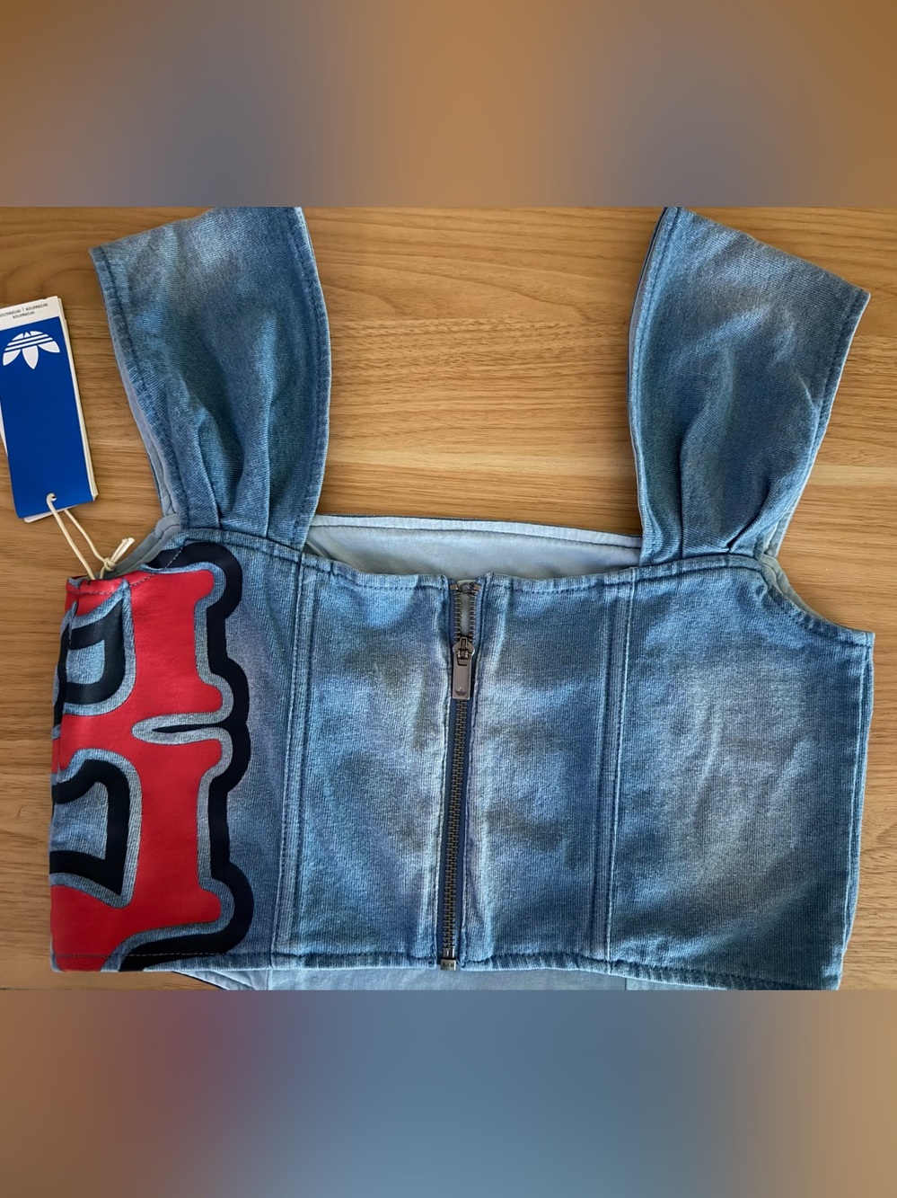 adidas Originals Denim Corset Top Graphic Tank US 12 Blue Red NWT Y2K